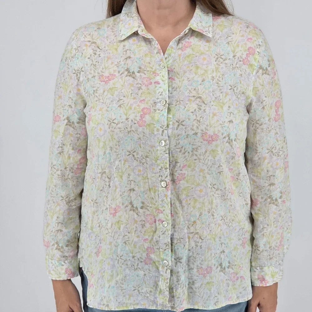 J. Jill Love Linen Floral Button Down Shirt Floral Coastal Beachy Sustainable Lg